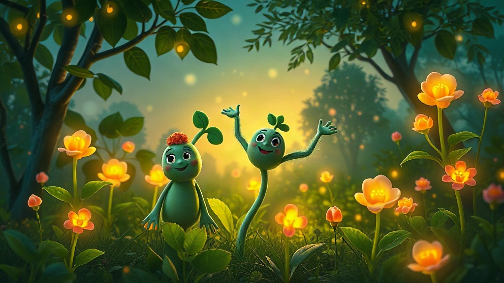 Enchanted garden with glowing sprouts and flowers